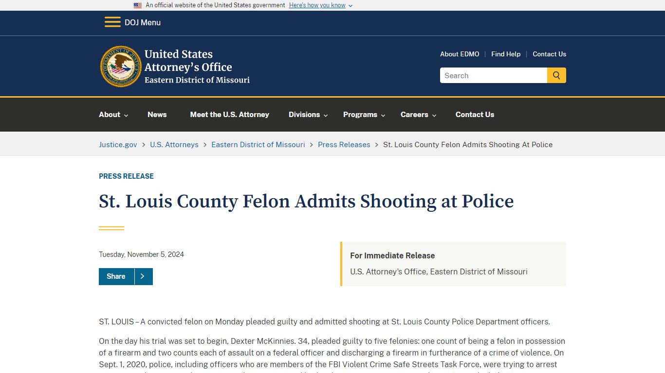 Eastern District of Missouri | St. Louis County Felon Admits Shooting ...